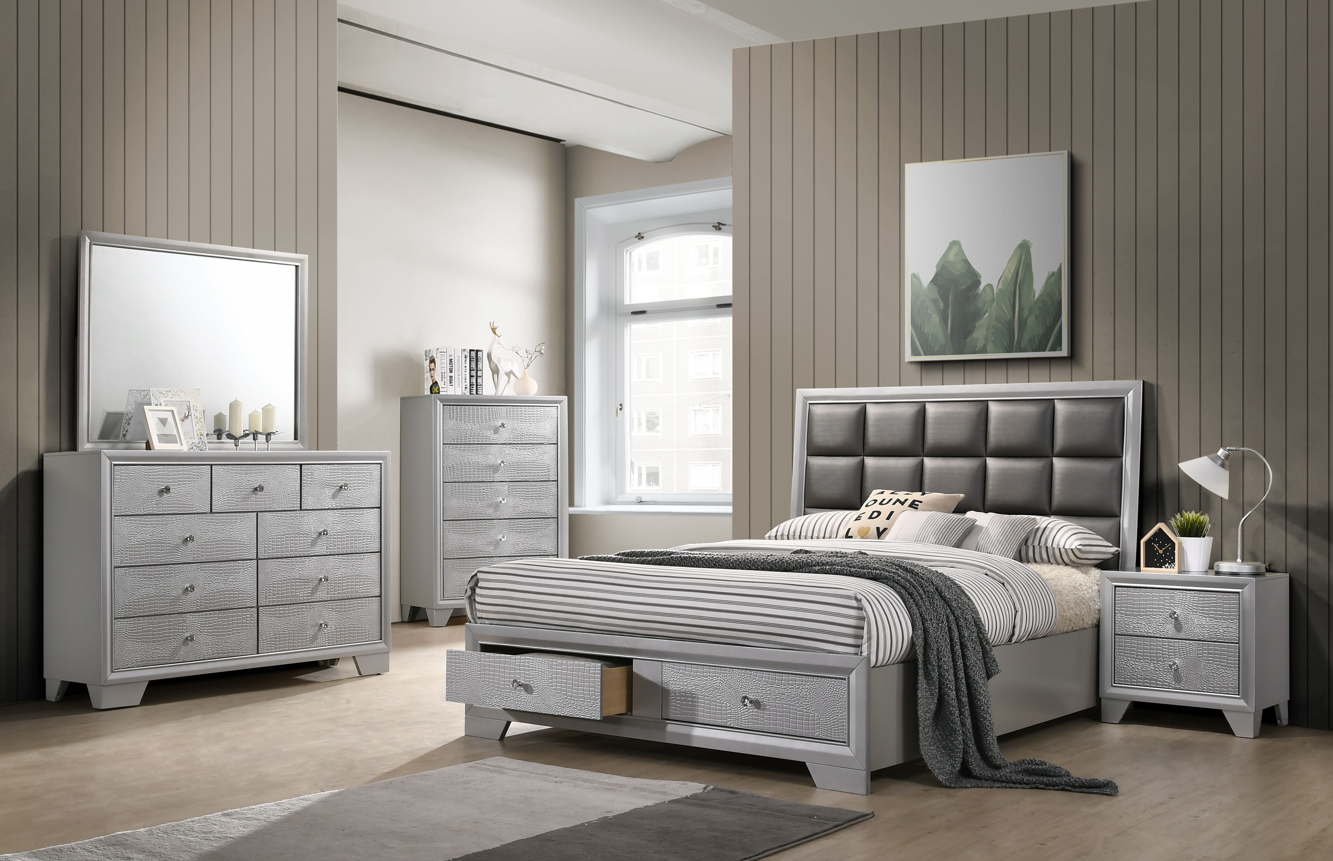Home Source Alexandria Silver Faux Crocodile Four Piece Queen Bedroom Set Walmart Com