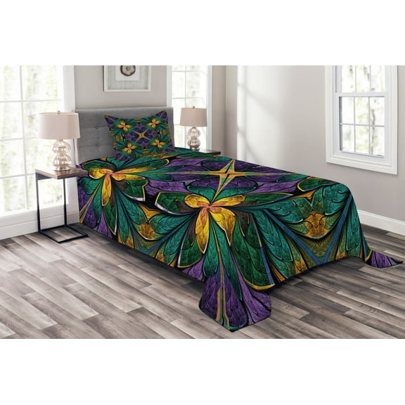 Ambesonne Floral Quilted Bedspread Set 2 Pcs, Antique Window Style, Twin Size, Green Purple
