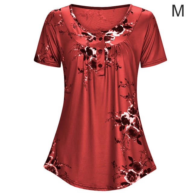 Camiseta estampada Jumpingount para mujer Verano Cuello redondo Blusa de manga Corta Top suelto Rojo M