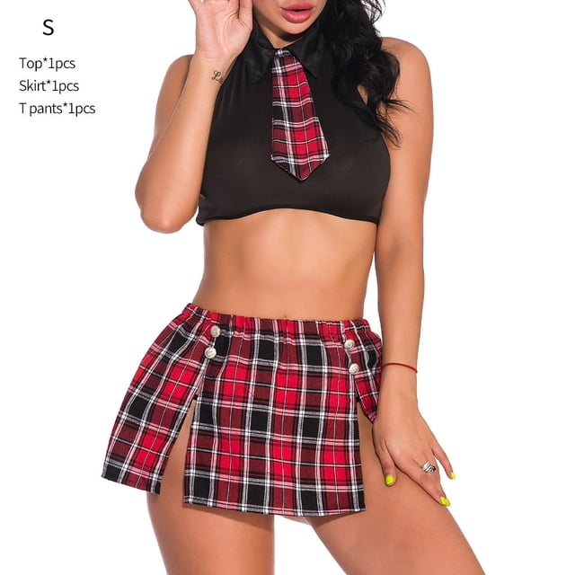 Traje de uniforme sexy Conjunto de ropa sexy atractivo Traje de ropa escolar de tela tejida de encaje, Negro, S Jumpingount XX000042-03