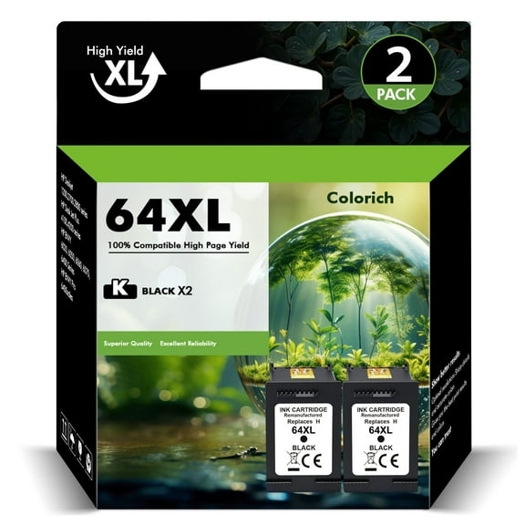 64XL 64 Ink Cartridges Compatible for HP 64XL 64 2 Pack Black Ink for Envy Photo 7855 7858 7155 7120 7800 6255 6252 7158 7164 (2 Black)