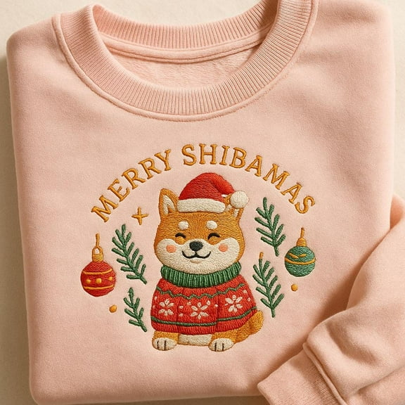 Merry Shibamas Embroidered Sweatshirt, Shiba Inu Christmas Sweater, Dog Mom Holiday Gift, Cute Xmas Dog Tee, Pet Lover Crewneck