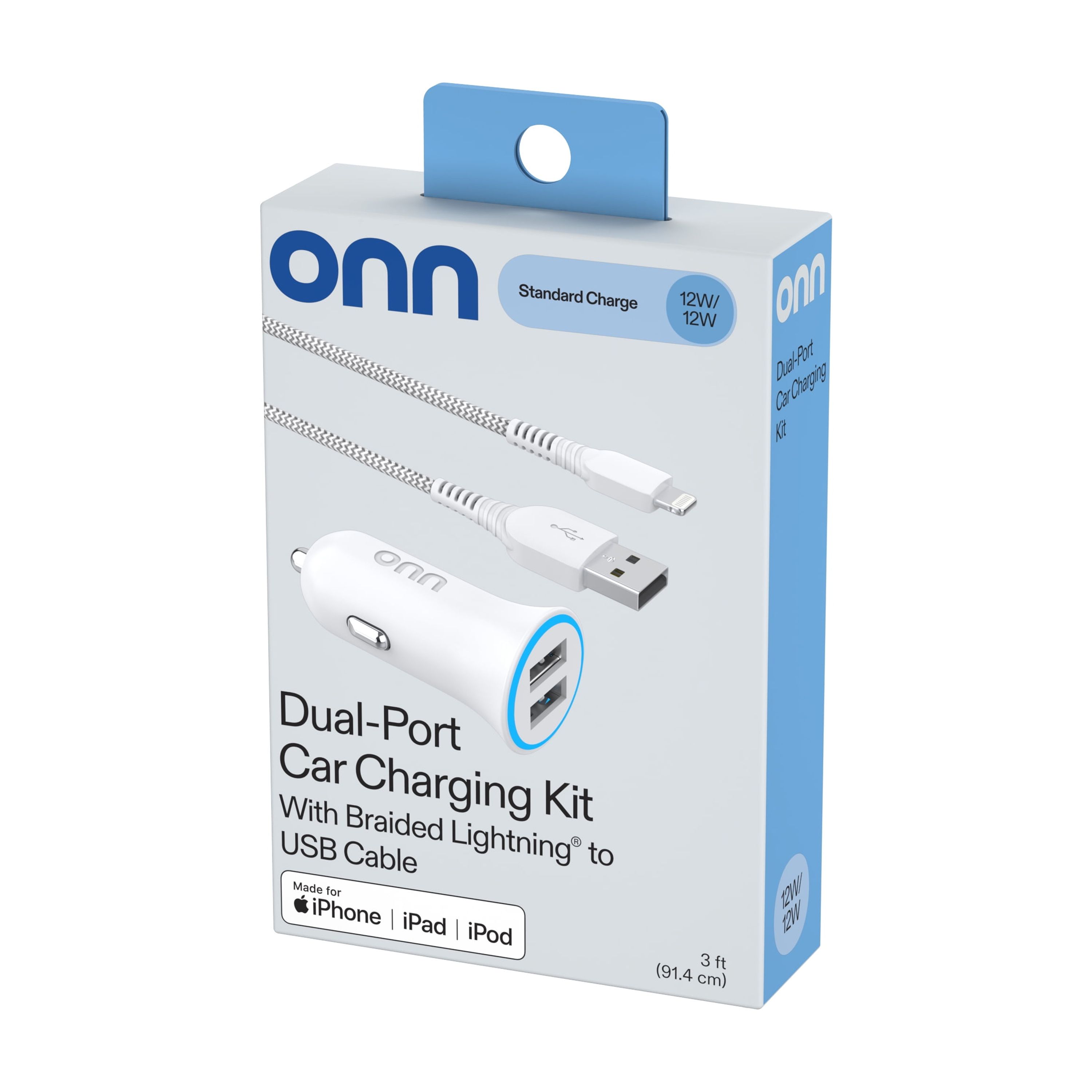Onn 24W Dual USB-A Car Charger with Lightning Cable, White photo 5