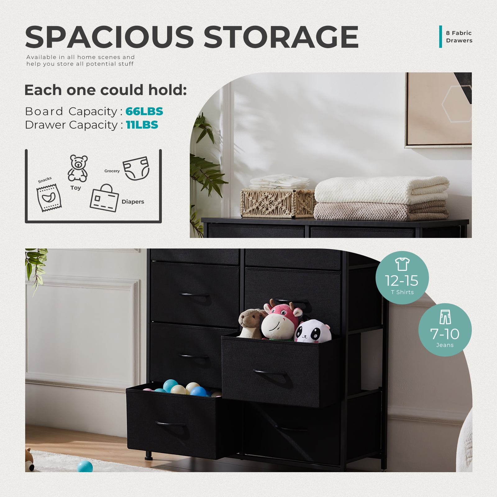 MAYEERTY 5 Drawers Dresser for Bedroom, Fabric Chest of Drawers Tall Storage Tower, White