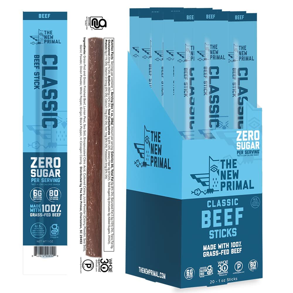 The New Primal Classic Beef Meat Stick, Whole30 Approved, Paleo, Keto, Gluten Free, Low Carb, High Protein, 1 oz, Pack of 20