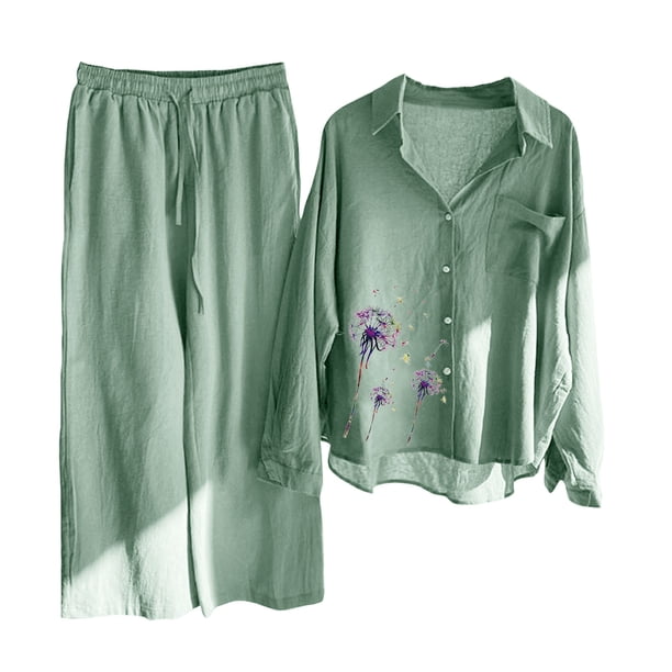 Puntoco Conjunto de camisa de 2 piezas con bolsillo de manga larga y pantalones largos de cintura alta para mujer Puntoco Puntoco-6533
