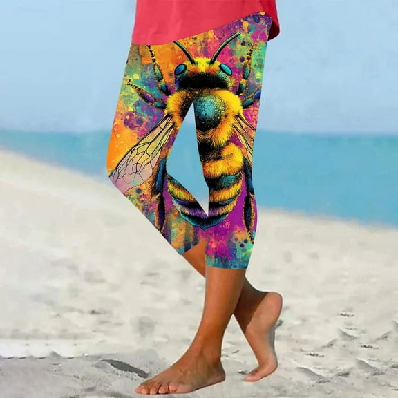 AGWOLF Womens Knee Length Capri Leggings Novelty Bumble Bee Print Capris Tummy Control High Waisted Leggings Summer Casual Cropped Trousers