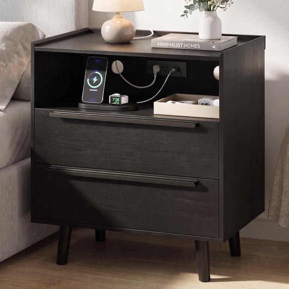 26" Tall Nightstand with Charging Station, 2 Drawer Black Bedside Table with Tray Top, USB & Type-C Ports, AC Outlets, and Open Shelf for Bedroom or Living Room