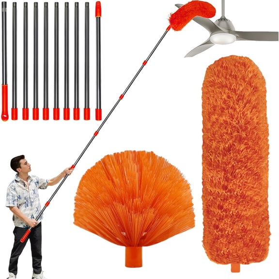 20 Feet High Reach Duster Kit with 2-14 ft Extension Pole, Cobweb & Corner Brush Cleaning for Cleaning, Microfiber Feather Cleaner Washable Head Ceiling Fan, Furniture, Home