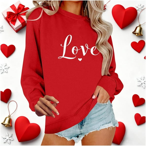 Avrnliq Womens Valentines Day Sweatshirt Red Love Script Graphic Oversized Long Sleeve Crewneck Top - Plus Size S-XXXL,Size 2XL