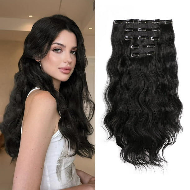 StrRid Extensiones de cabello ondulado negro natural con clip de 18.0 in de largo, clips sintéticos en postizos para mujeres, 5 piezas rizadas, invisibles, gruesas, cabeza completa, resistente al calo