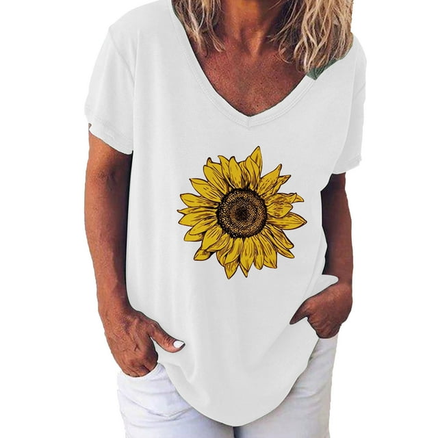 Chemises Mode pour Femmes Imprimé Tournesol Manches Courtes Ample Tunique Blouse
