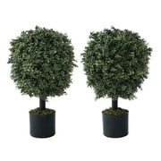 CAPHAUS Artificial Boxwood Topiary Ball Tree Set of 2, Artificial UV Resistant Bushes, Faux Potted Tree, Plant in Pot with Dried Moss, Fake Shrubs for Indoor, Front Porch, Outdoor, w/ Green Leaves