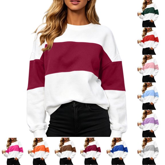 Color Block Sweatshirt for Women Fashionable Loose Round Neck Long Sleeved Pullover Tops for Causal & Work Wear