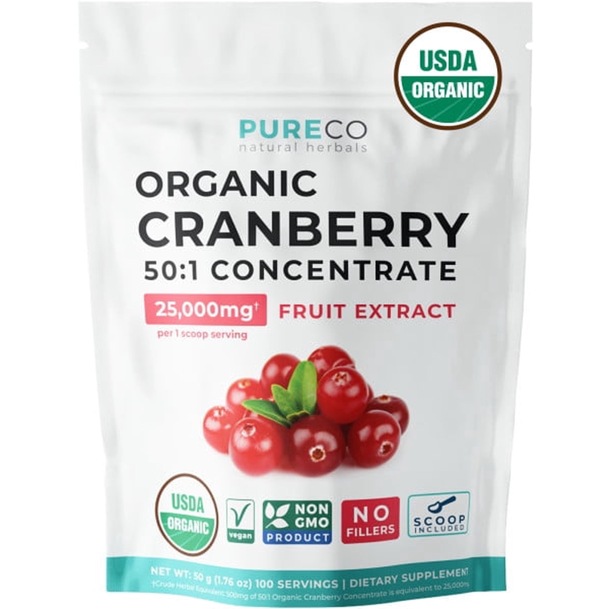 Pure Co Organic Cranberry Supplement 500mg, 50:1 Concentrate Powder, 100 Servings