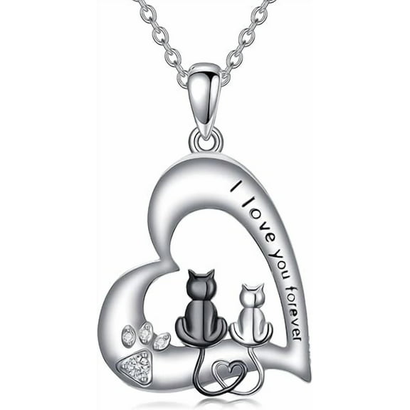 CACA LADY Cat Necklace Sterling Silver Cat Heart Pendant I Love You Forever Necklace Cute Animal Jewelry for Women