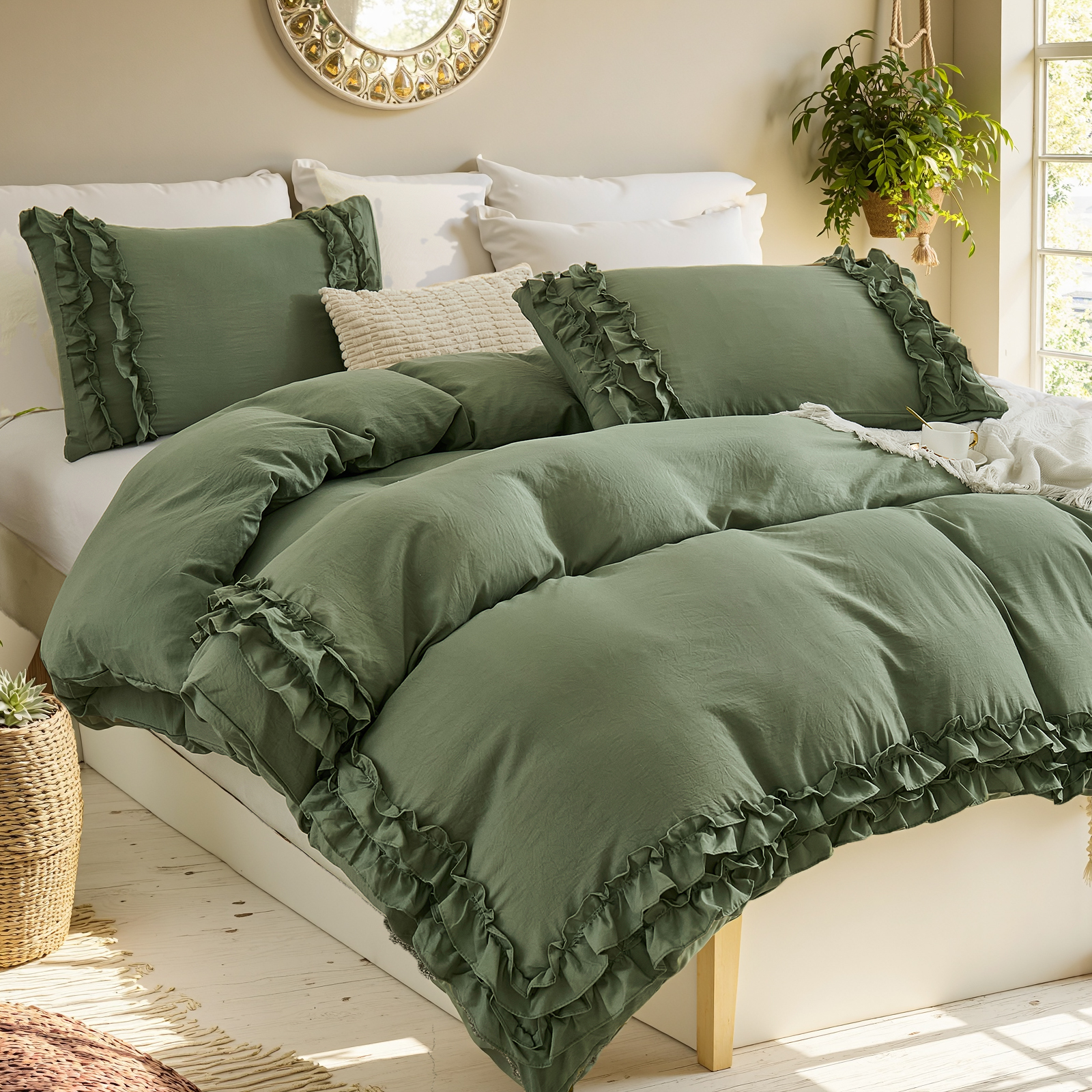Avocado Green Ruffle Duvet Cover Set Queen Size Shabby Chic Bedding Set Ruffled Farmhouse Avocado Green Comforter Cover Boho Duvet Cover Set