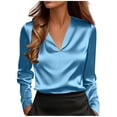 thumbnail image 2 of Babysbule Women's Satin V Neck Long Sleeve Blouse, Elegant Draped Front Casual Top for Office Party & Daily Wear, 2 of 7