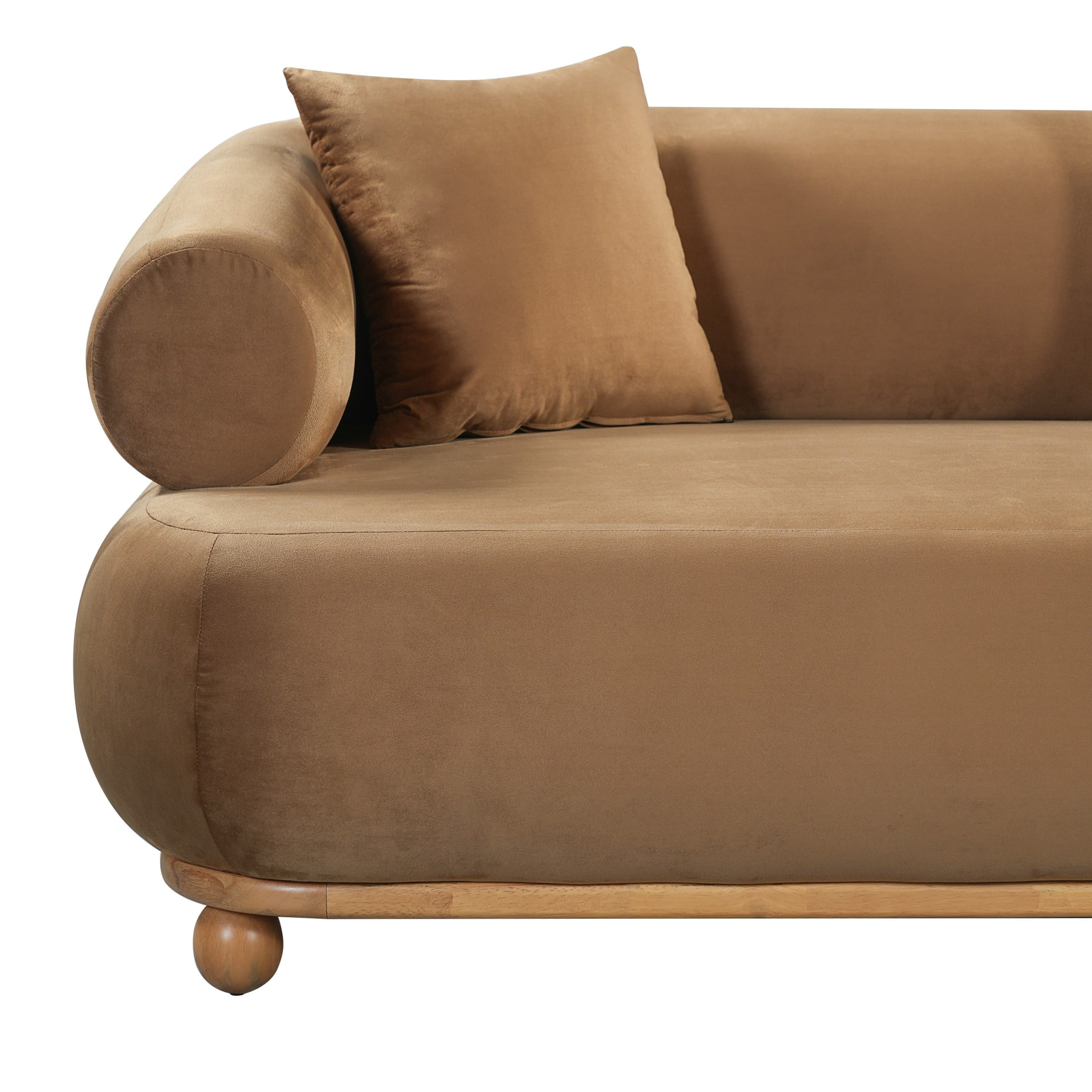 Christopher Knight Home 89.3" Modern Velvet Sofa with Throw Pillows, 3 Seats, Solid Wood Base, Khaki