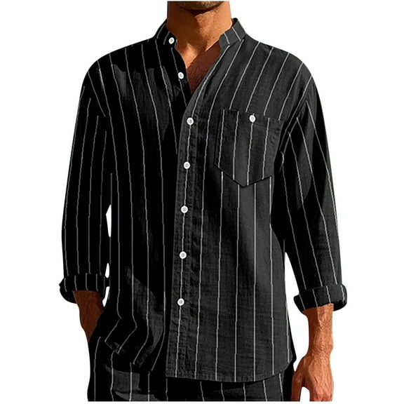 Men's Vertical Striped Dress Shirt Long Sleeve Lightweight Button Down Shirts Hippie Spread Collar Beach Tee Tops