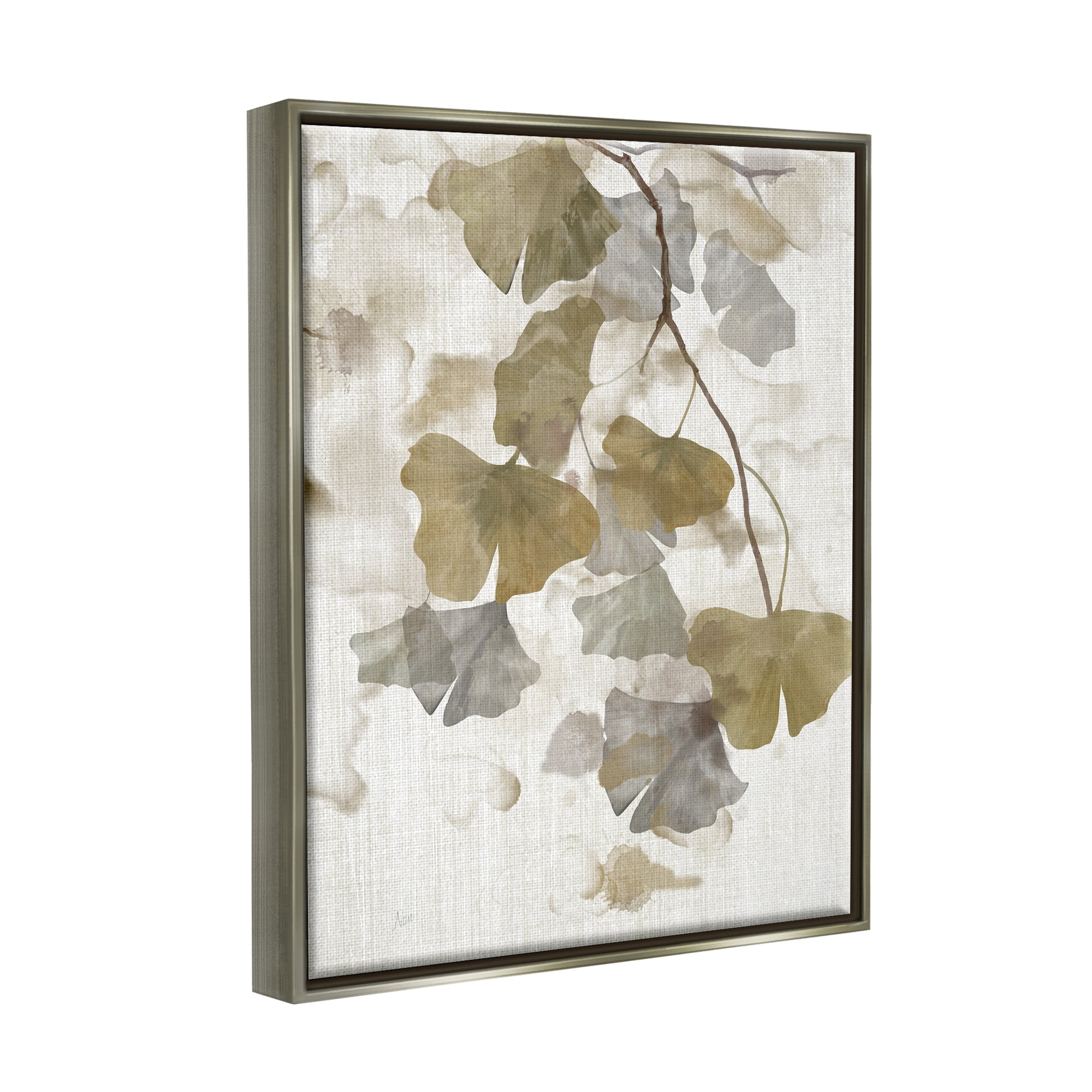 Stupell Industries Neutral Gingko Leaves Botanical & Floral Painting Gray Floater Framed Canvas Art Print Wall Art, 25 x 31
