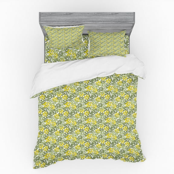 Leaves Duvet Cover Set, Continuous Botanical Pattern of Leafy Branches, Bedding Set with Shams and Fitted Sheet, 3 Sizes, by Ambesonne