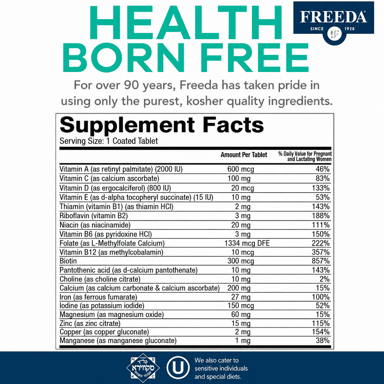 Title: Freeda One Daily Prenatal Vitamin with Iron & Methylfolate (Folic Acid) | Support for Mom & Baby | Vegan, Gluten Free | 100 Tablets
