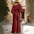 thumbnail image 4 of Szluipve 2 Piece Sets for Women Off‑Shoulder 2 Piece Outfits Puff Long Sleeve Slanted Shoulder Top & High Waist Pleated Wide Leg Pants Casual Vacation Matching Set Wine 2XL, 4 of 9