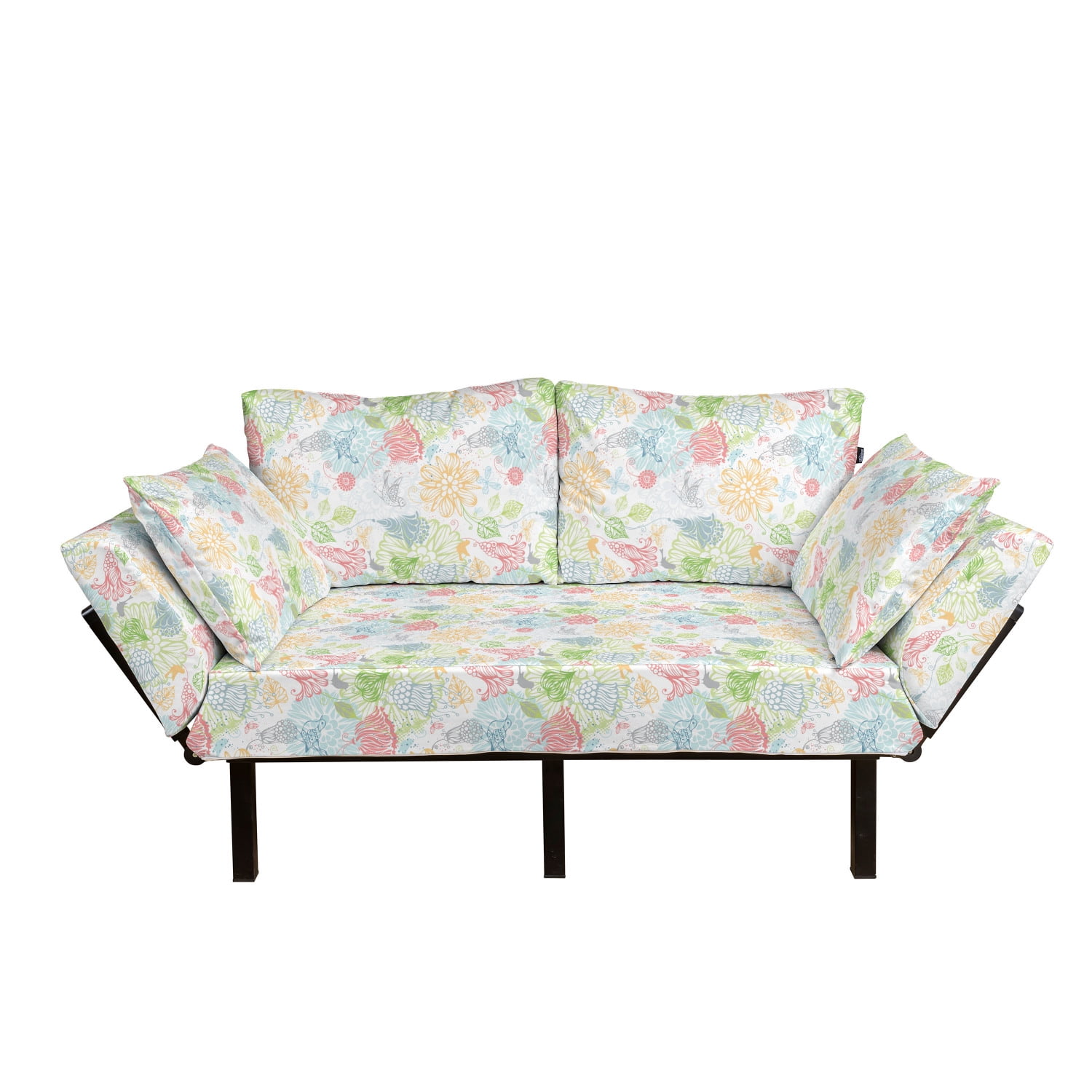 Daybed with Metal Frame Upholstered Sofa for Living Dorm Ambesonne Pink Futon Couch Blush Multicolor Loveseat Soft Pastel Colored Spring Peony Blossoms Flowers Berry Twigs Art Illustration