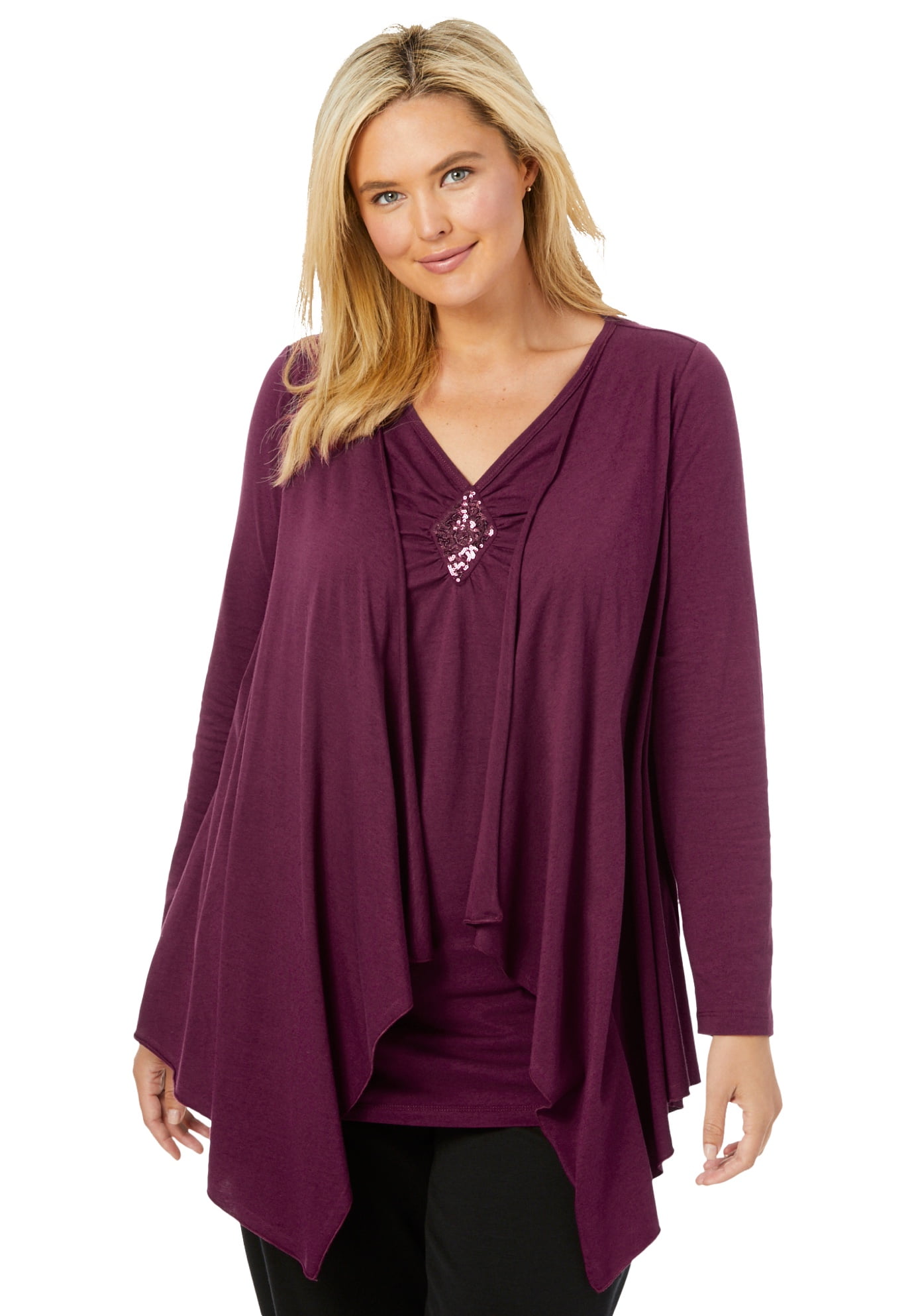 Woman Within Women's Plus Size Layered Look Long Top With Sequined