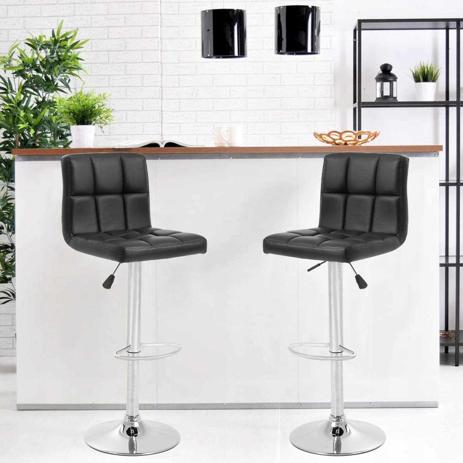 FDW Black Swivel Bar Stools PU Leather Padded with Back Height Adjustable Counter Stool Barstools Dining Chair,Set Of 2