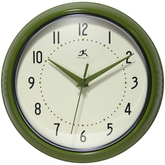 Infinity Instruments Retro Round Metal Wall Clock, Olive Green 9.5"