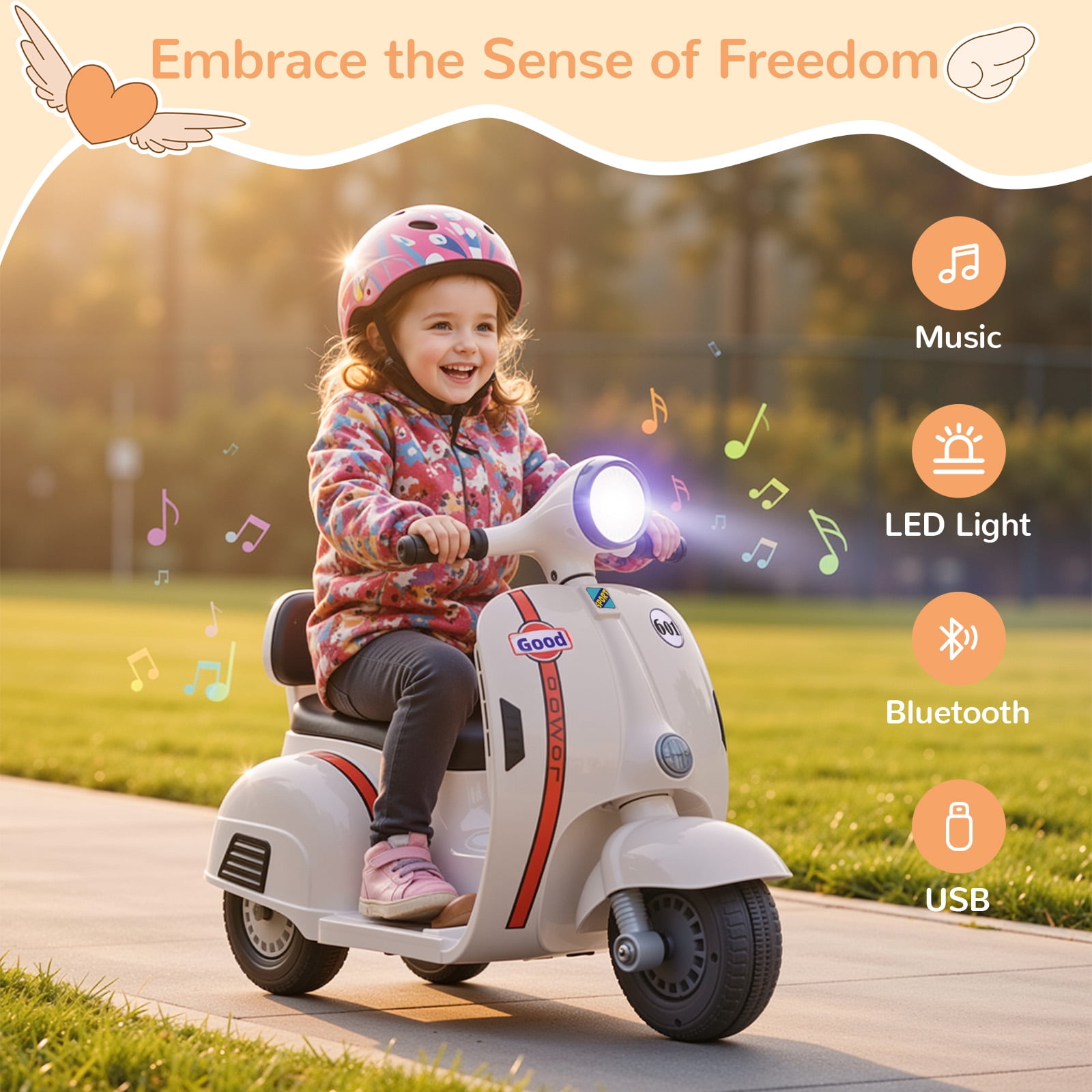 TLSUNNY Kids Electric Motorcycle, Ride On Toys with LED Headlight & Music, Soft Start, Gift for Boys/Girls Ages 3+