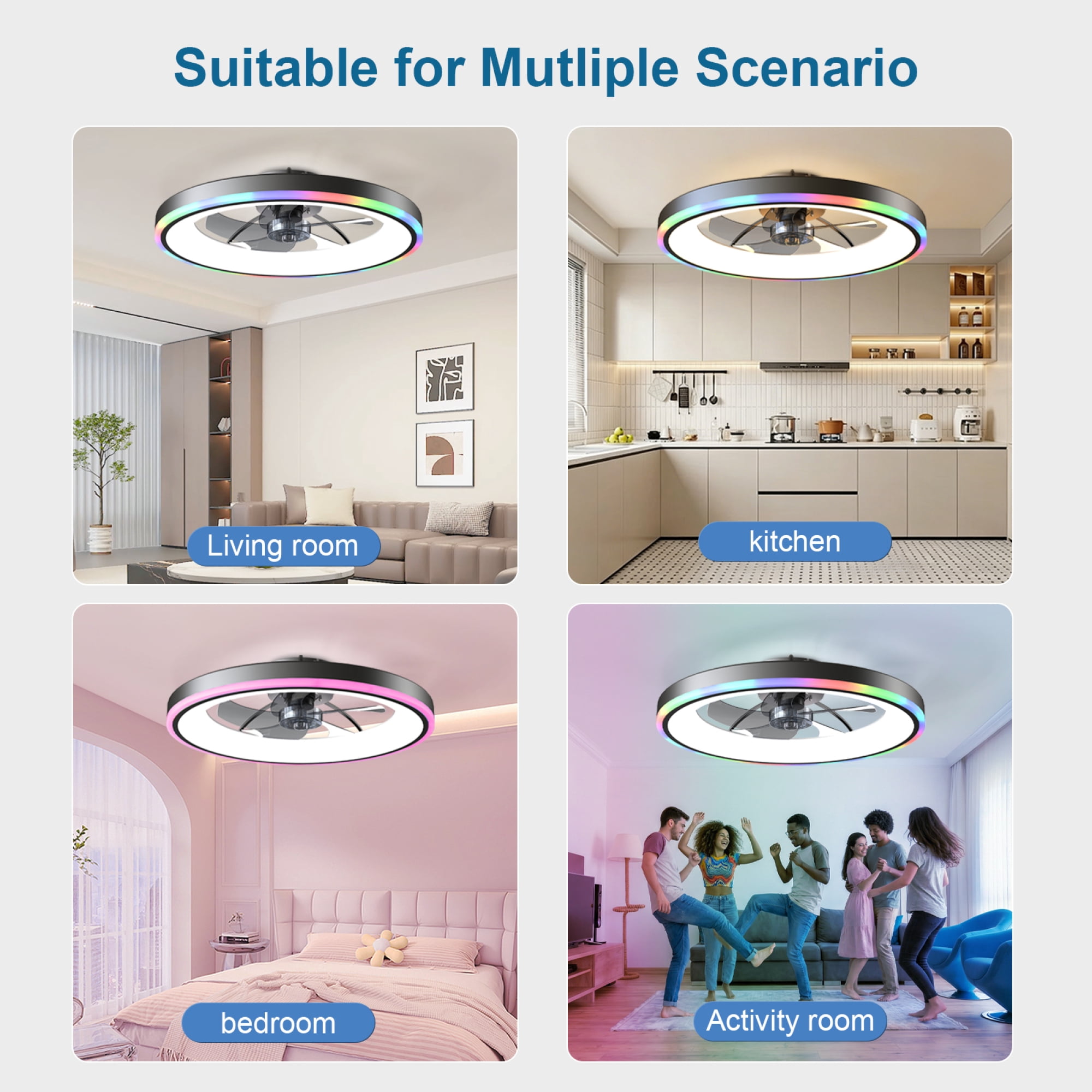 Leumius 23.6" Modern RGB Ceiling Fan with Lights, Flush Mount Low Profile Fan with Remote & APP, 6-Speed Reversible Silent DC Motor, Dimmable 3000-6500K LED for Bedroom Living Room Black