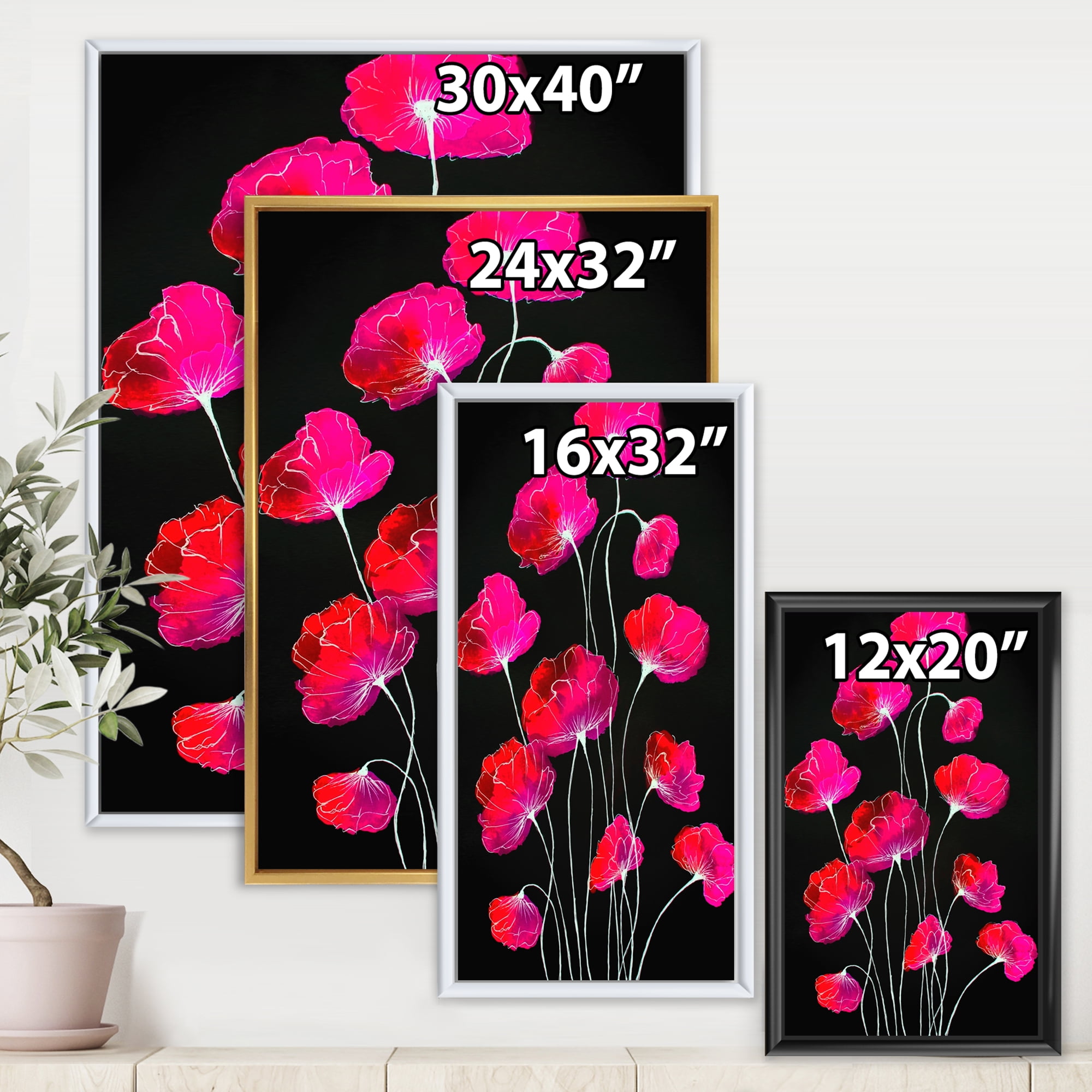 Abstract Red Flower Detail On Black Background III 12 in x 20 in Framed Painting Canvas Art Print, by Designart