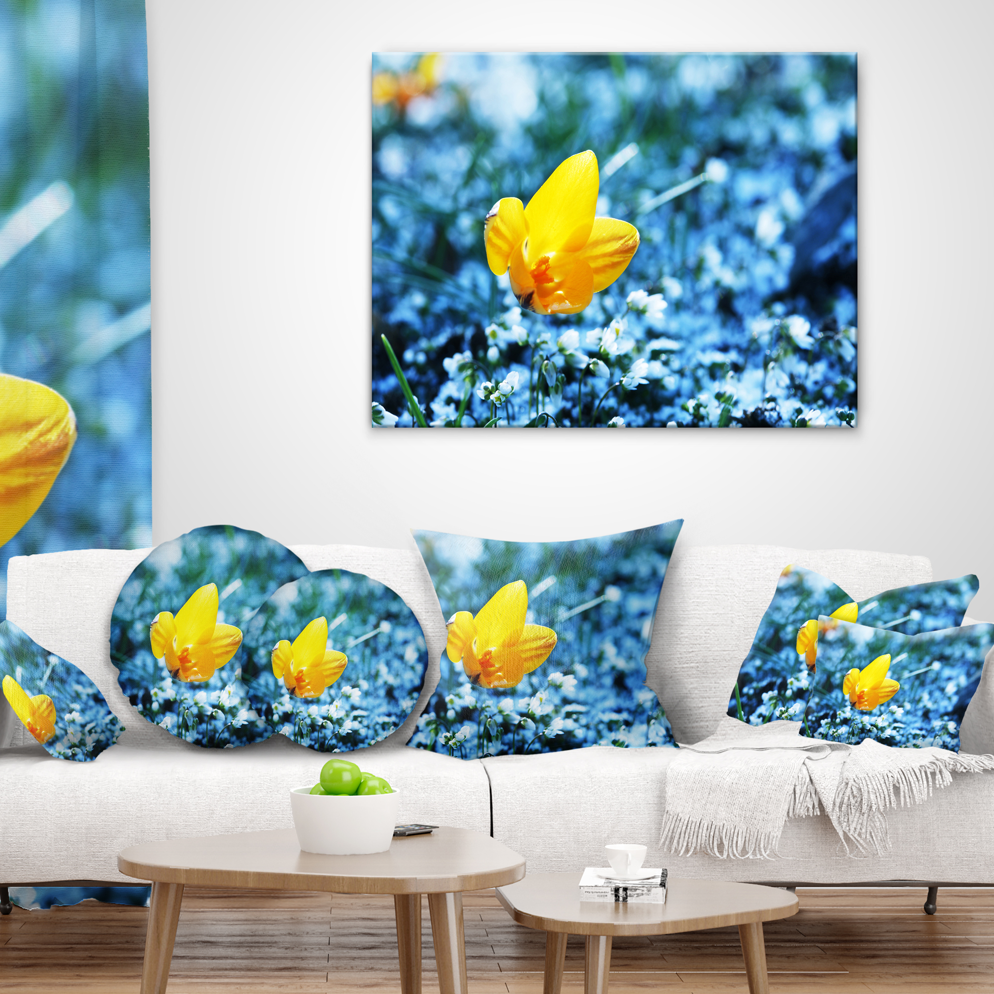 Designart Solitary Yellow Flower on Blue - Floral Throw Pillow - 16x16