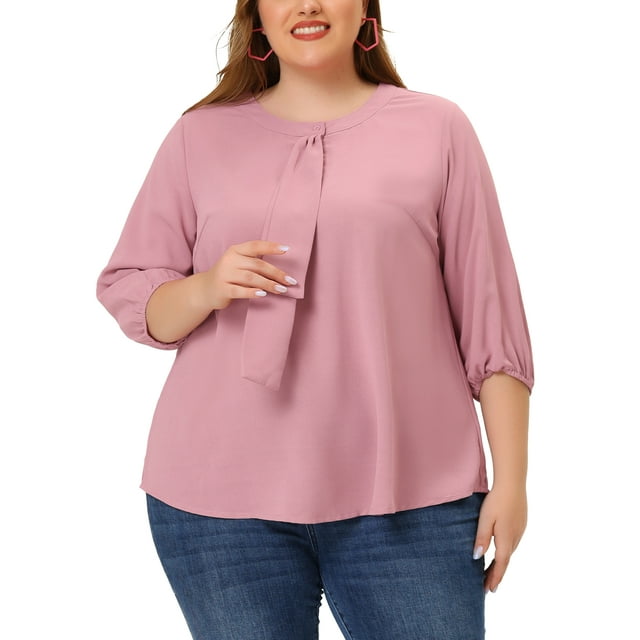 GRACE & GRANDEUR Women's Plus Size Tops Work Round Neck Ruffle Chiffon Blouse Office Top 2X Pink Purple