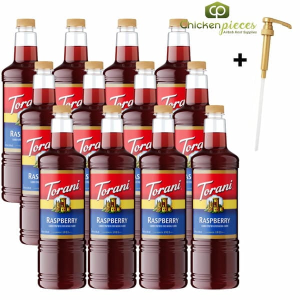 Torani Raspberry Flavoring Syrup, Professional Gourmet Berry Beverage Base with Bonus Squeeze Pump, 1 Liter (33.8 fl oz)