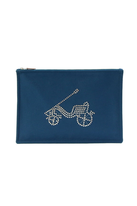 Pre-Owned Hermes Herms Petit Duc Flat Pouch GM Blue Cotton Canvas Travel with Studs... (Good)