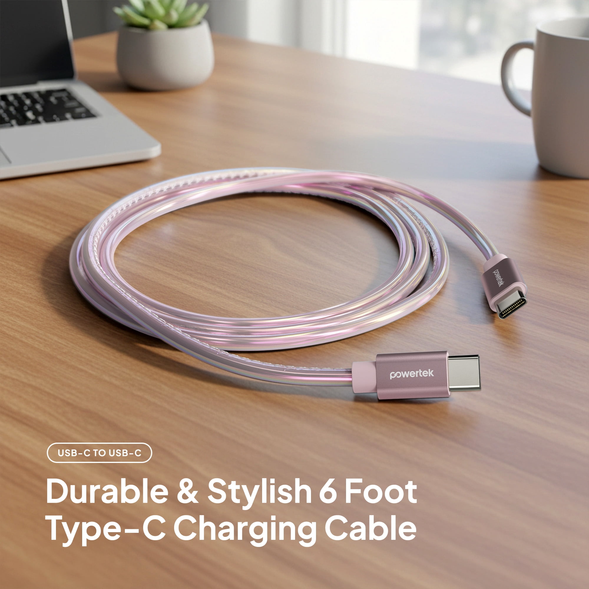 Powertek USB-C to USB-C (Type-C) Metallic Shine Pastel Fast Charging Cable, 60W, 6 ft, Pink