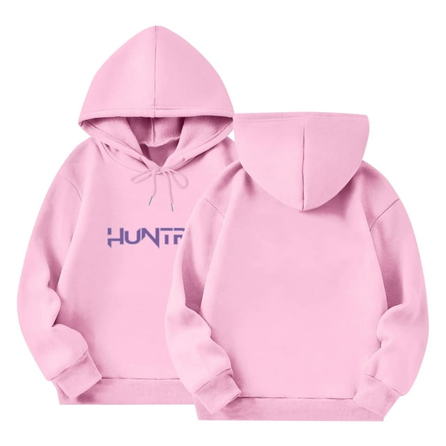 Moonsky Sudadera con capucha y cordón HUNTRX, estampado de grupo de chicas coreanas, jersey corto, suave y cómodo, top de manga larga para primavera y otoño. Rosa 140