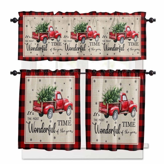 Christmas Pine Needles Curtain Valances Set Xmas Tree Snowflakes Kitchen Curtains 36 inch Length Rod Pocket Valance and Tiers 3 Piece Set Small Bedroom Bathroom Laundry Decor