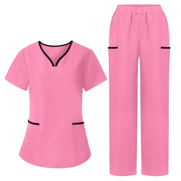 Womens Stretchy Scrubs Set Outfits V Neck Short Sleeve T-Shirt with Long Cargo Pants with Multi-pockets Workwear XXL