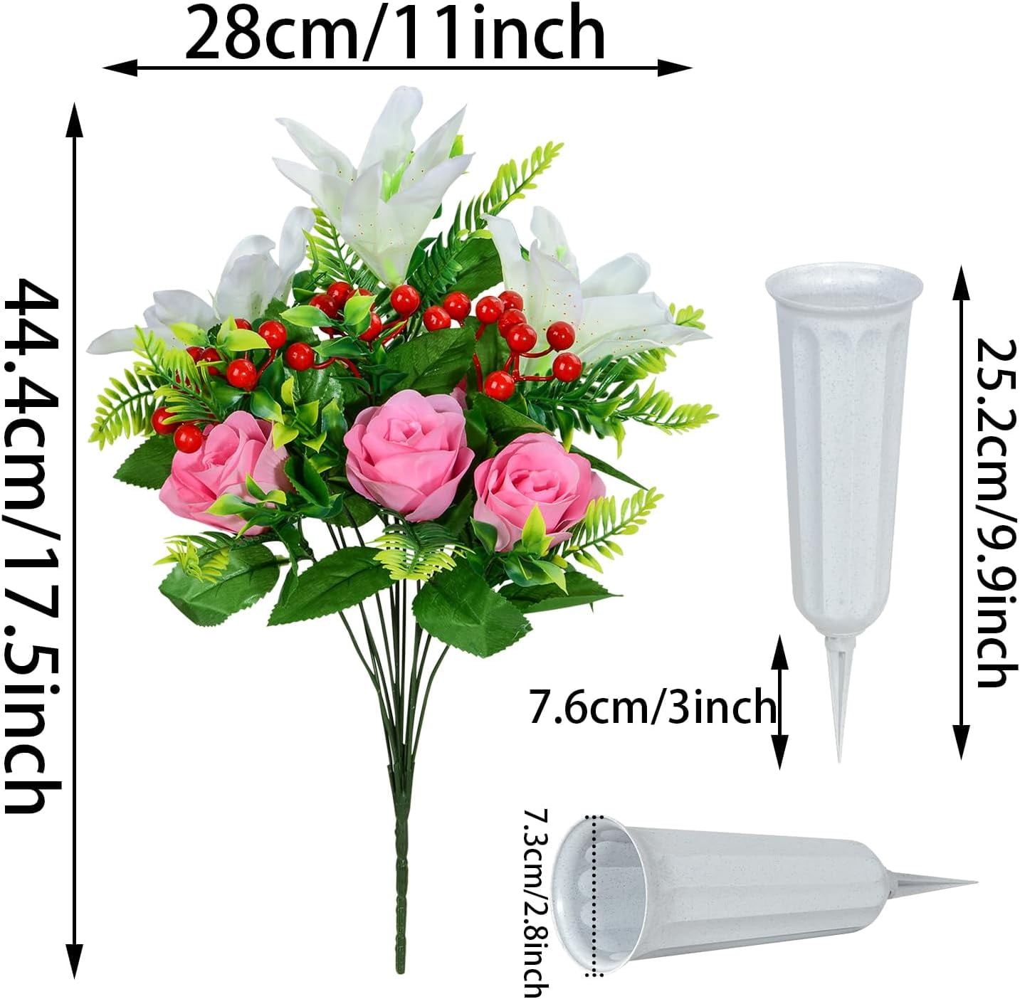Artificial Cemetery Flowers for Grave, Set of 2 Artificial Memorial Flowers with Vase for Outdoor Cemetery Headstones Graveyard Gravestone Decoration (Red Lily&White Purple Peony)