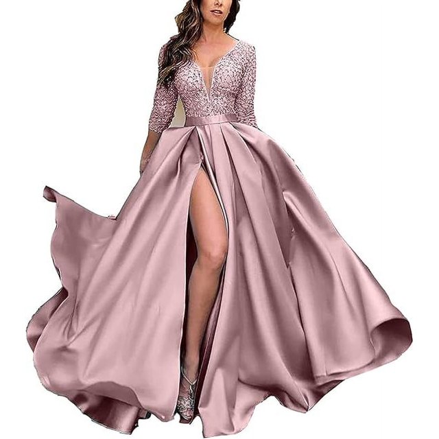 Robe de Soirée Formelle Longue en Dentelle pour Femmes Robes de Mariage Col en V avec Fente Robe de Soirée pour Femmes avec Manches