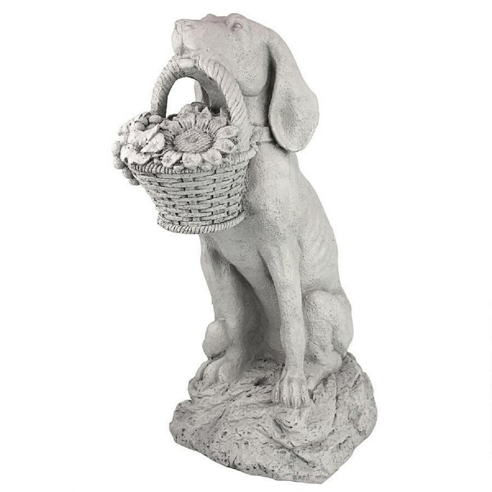 19" Dog Holding A Basket Of Flowers Outdoor Garden Statue