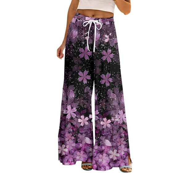 ManxiVoo Summer Wide Leg Dress Pants for Women Petite High Waist Comfort Stretch Fabric Beachwear Casual Office Trousers S Size Purple