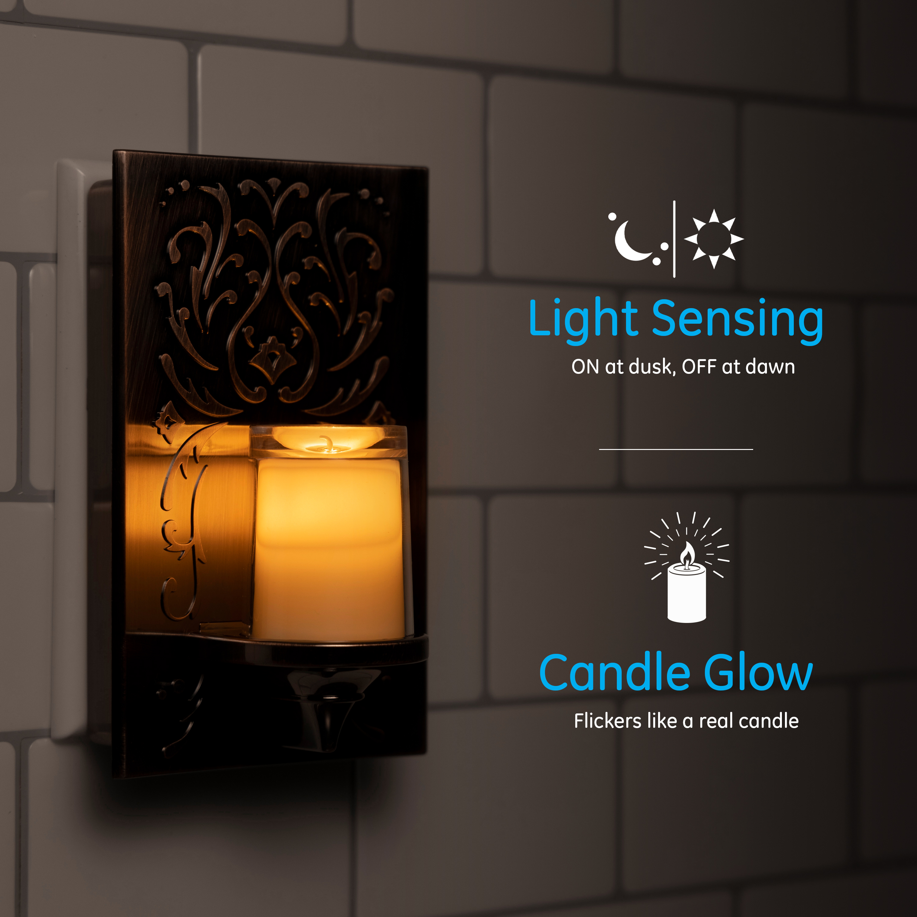 GE CandleLite LED Plug-In Night Light, Flickering Candle Design, Oil Rubbed Bronze, 11258 - image 2 of 7