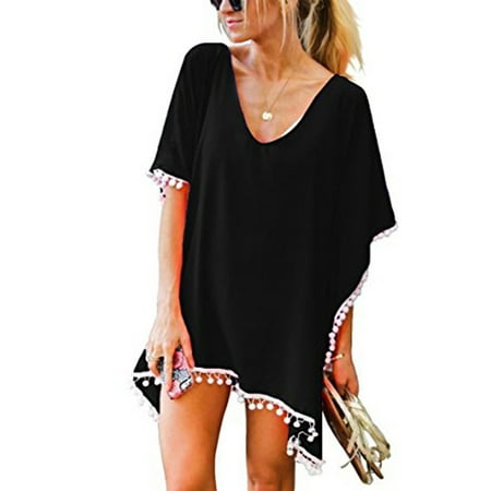 MSJUHEG Tassel Cover Up for Women Cute Coverups Chiffon Cover Up Women s Trim Kaftan Chiffon Tassels Swimwear Beach Loose Bikini Cover Up Tops Mesh Cover Up Womens Swim Suit Cover Up Black XL