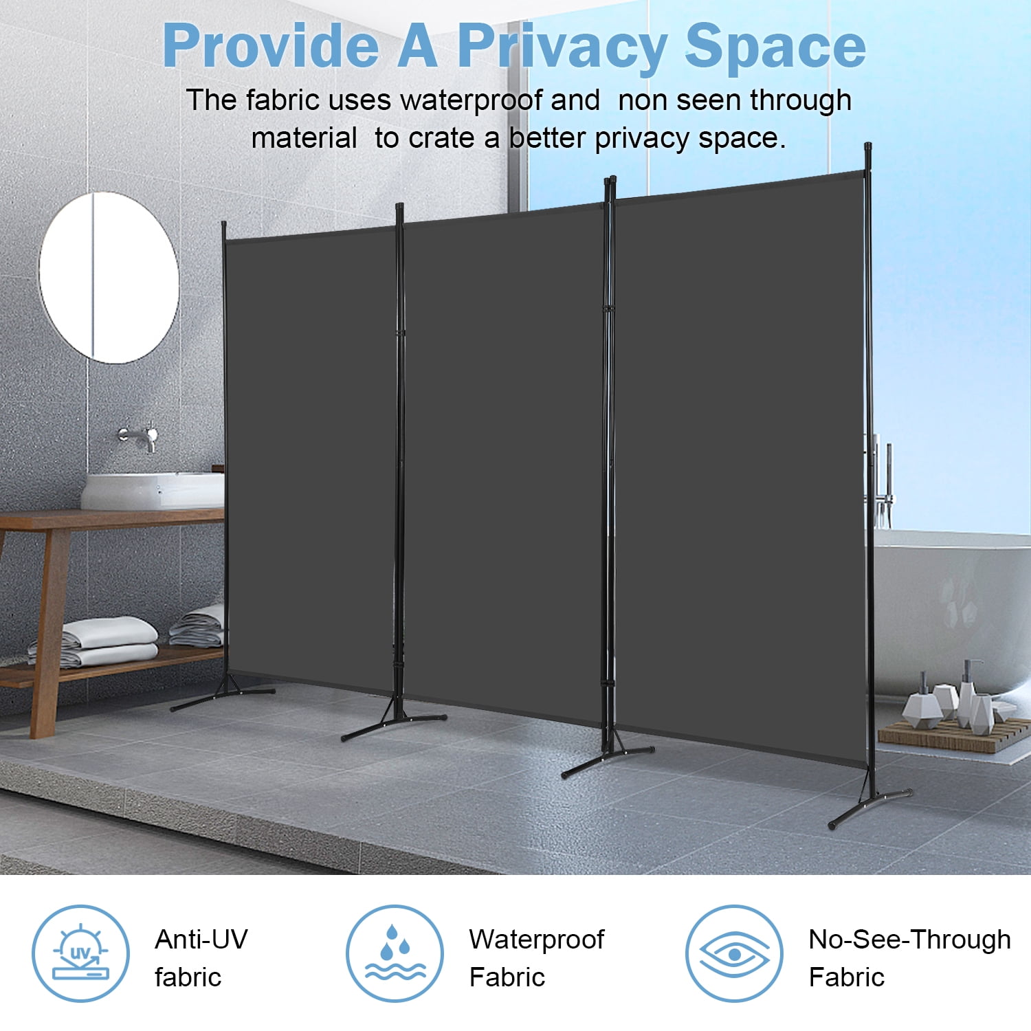 NiamVelo 3 Panel Room Divider Folding Partition Privacy Screens 5.9FT Portable Room Partition with Metal Frame Walls Dividers for Home Office Hospital 102" W x 70" H, Grey